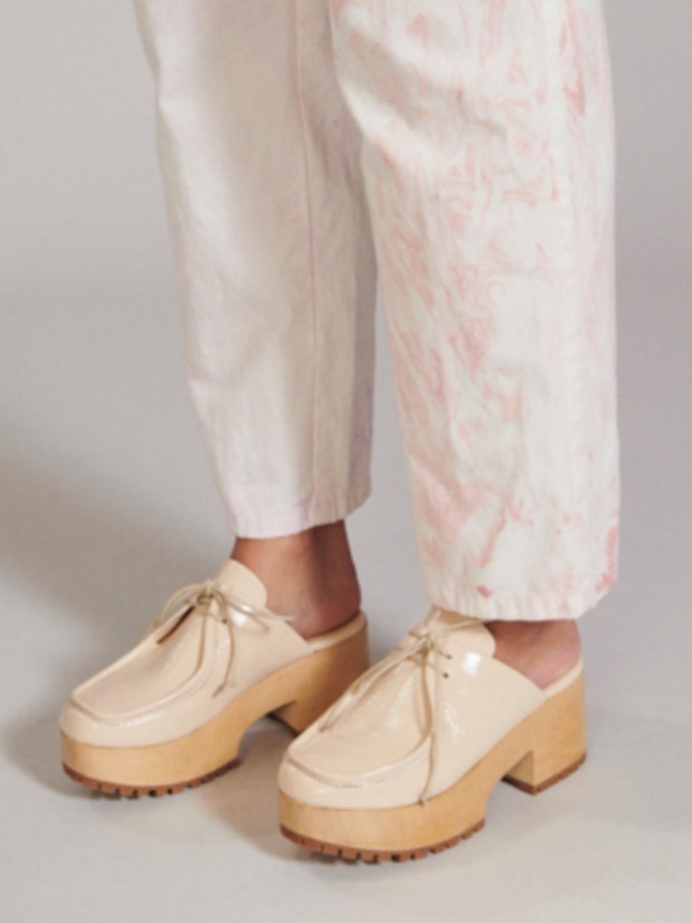 Rachel Comey Pomme Cream Crinkle Patent Platform Clog Mules